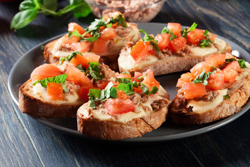 Appetizer bruschetta with tuna, mozarella cheese and tomatoes