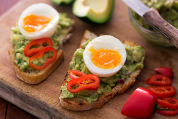 Healthy breakfast- sandwich prepared with guacamole, pepper and boiled chicken egg on the wooden chalkboard