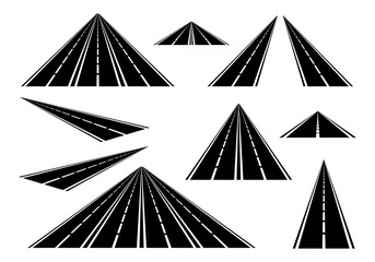 Set straight roads and highways with white lines on the roadside and a broken white center line on a white background. Black road with one, two, three and four lanes 