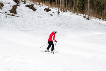 skier is skiing down the slope in the woods