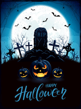 Halloween background with pumpkins and tomb on cemetery