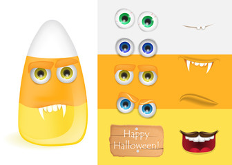 Cute halloween candy corn monster with various faces. Halloween Emoji creator constructor. Set of different emotions