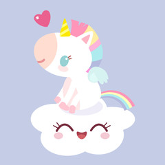A magical unicorn on the cloud. Children's character. Fabulous pony.