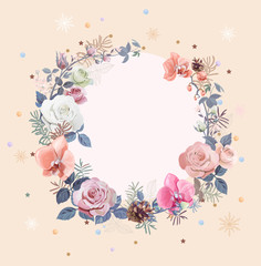 Christmas card, round frame with white, red rose, pink orchids flowers, small twigs asparagus, pine, cones, snowflakes, stars, tinsel, vintage background, digital draw illustration, template, vector