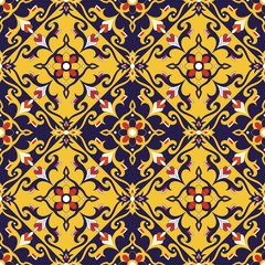 Mexican tile pattern vector seamless with vintage squares motifs. Portuguese azulejo, talavera, italian or spanish majolica design. Tiled print for wallpaper, tablecloth, background or ceramic.
