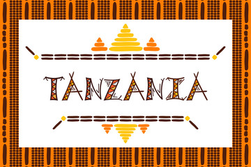 Tanzania travel vector banner. Tribal african illustration. Tourist typography background design for souvenir card, sticker, label, magnet, postcard, stamp, fashion t-shirt print or poster. - obrazy, fototapety, plakaty
