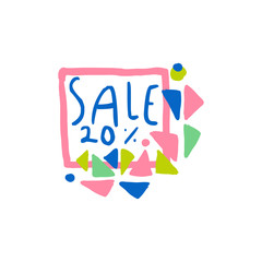 Sale 20 percent off logo, special offer label, banner, advertising badge or sticker tag colorful hand drawn vector Illustration