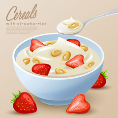Yogurt Bowl with Cereals and variety of Fruits : Vector Illustration