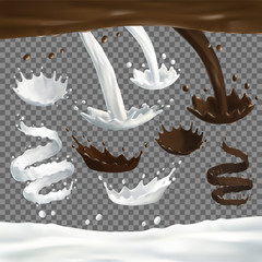 Milk and chocolate jets splashes, drops and blots