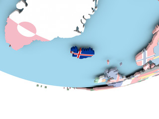 Map of Iceland with flag on globe