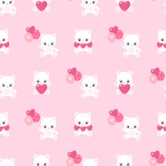 Obraz premium Pink pattern of cute cats for Valentine's Day. Kittens with hearts and balloons. Children's characters.