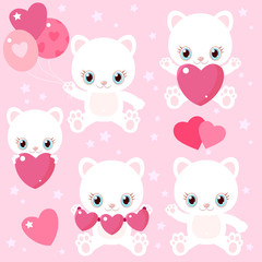 Set of cute cats for Valentine's Day. Kittens with hearts and balloons. Children's characters.