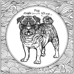 Coloring page with dog on background with traditional chinese patterned