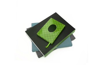Stack of books on white background