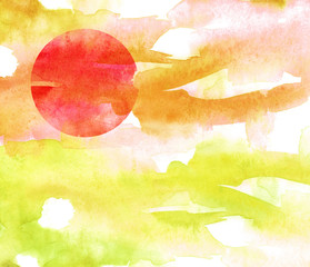 Watercolor yellow, orange background, blot, blob, splash of blue paint on white background. Watercolor blue, purple sky, spot, abstraction. red sun, moon against a yellow, orange sky