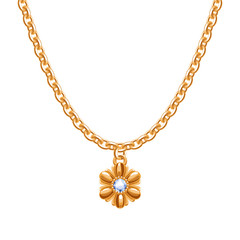 Golden chain necklace with golden flower pendant.