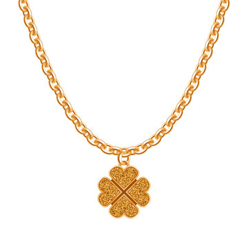 Golden chain necklace with clover pendant.