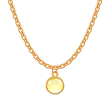 Golden chain necklace with round glass pendant.