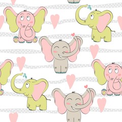 Vector seamless pattern with cartoon cute elephants