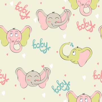 Vector seamless pattern with cartoon cute elephants