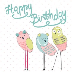 Funny owls in vector. Greeting card for birthday.