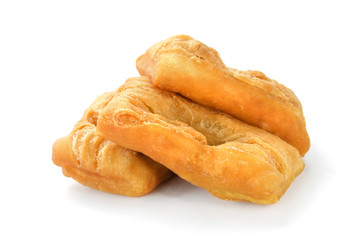 close up deep fried dough stick on white background
