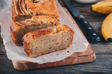 homemade banana bread on a wooden background