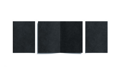 Blank black two folded a5 booklet mock up, opened and closed, front and back side, top view, 3d rendering. Plain dark twofold brochures mockups set isolated. Book cover and flier inside, copy space.