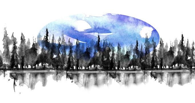 Seamless Pattern. Watercolor landscape, black silhouette of trees.spruce, pine, cedar. Forest landscape, reflection of trees in a river, lake. blue moon, night. Vintage drawing, border.