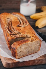 homemade banana bread on a wooden background