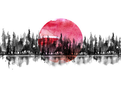 Seamless Pattern. Watercolor landscape, black silhouette of trees, spruce, pine, cedar. Forest landscape, reflection of trees in a river, lake. red, pink sun, sunset, sky. Vintage drawing, border.