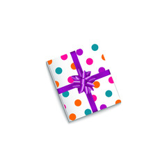 Realistic birthday, Christmas gift, present box wrapped in polka dot paper and tied with purple ribbon, vector illustration isolated on white background. Realistic present box, Birthday gift