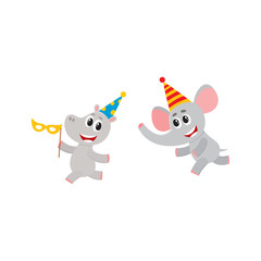 vector flat cartoon cheerful elephant, hippo kid character having fun running wearing party hat happily smiling. isolated illustration on a white background. Animals party concept