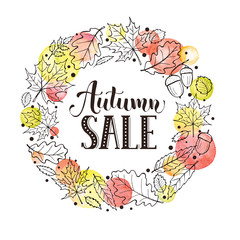 Autumn sale. Hand drawn lettering with watercolor dots and sketch style leaves on background.  Fall discount flyer.
