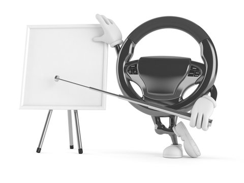 Car steering wheel character with whiteboard