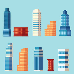 vector flat cartoon different buildings set. Skyscrapers, office centers shopping mall and city apartments houses. Illustration on light blue background