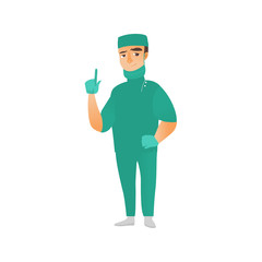 vector flat cartoon adult male doctor, surgeon in green medical uniform - mask gloves cap, pointing something out smiling. Isolated illustration on a white background.