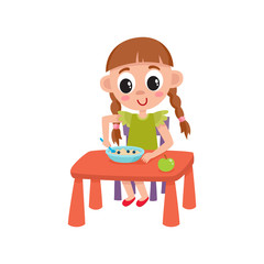 vector flat cartoon girl kid eating apple and porridge sitting at baby table from plate, smiling. isolated illustration on a white background. Daily routine concept