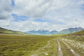 Green road through a huge glacier valley. Landscape from the Tian Shan mountains of Kyrgyzstan.