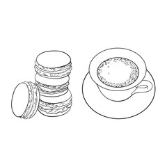 Black and white contour drawing, vector sketch cartoon hand drawn cap of whipped tea on a plate and macaroni sweets set. Isolated illustration on a white background.