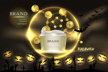 Cosmetic container with advertising background ready to use, Halloween concept skin care ad. Illustration vector
