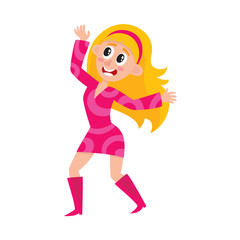 Obraz na płótnie Canvas Pretty blond woman in pink dress, retro disco dancer, cartoon vector illustration isolated on white background. Young woman in short pink dress dancing at retro disco party, having fun