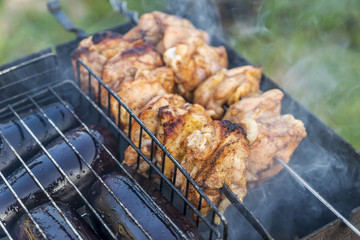 barbecue pork and eggplant on grill outdoors