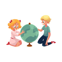 Two kids, children studying a globe together, sitting on the floor cartoon vector illustration isolated on white background. Side view portrait of two kids, children, boy and girl, studying a globe
