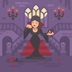 Vampire lady in a black dress with a glass of wine or blood standing in the moonlit hall of a gothic mansion in front of grand staircase. Trick or treat. Halloween night flat illustration