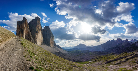 Track around Tre Cime di Lavaredo big panorama at sunset