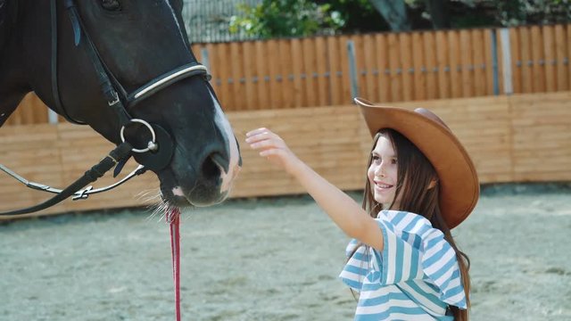 Pretty female teen ceressing friendly black horse on an area. 4K