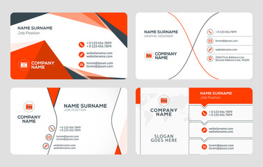 Set of 4 business card templates. Flat design vector illustration. Stationery design. Red and black color theme