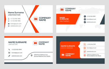 Set of 4 business card templates. Flat design vector illustration. Stationery design. Red and black color theme