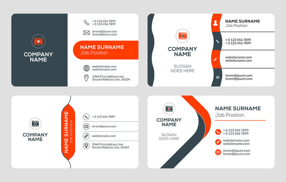 Set of 4 business card templates. Flat design vector illustration. Stationery design. Red and black color theme